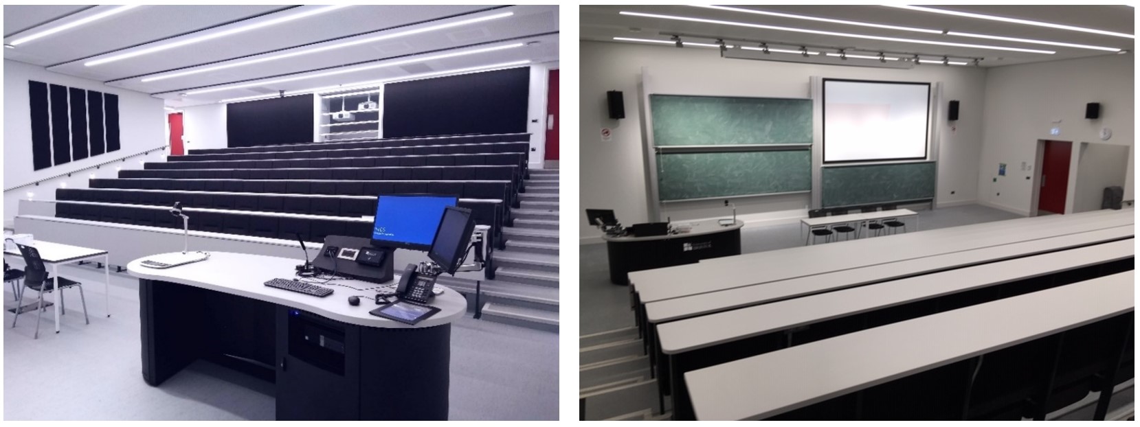 Tables and chairs in rows facing the teaching wall.